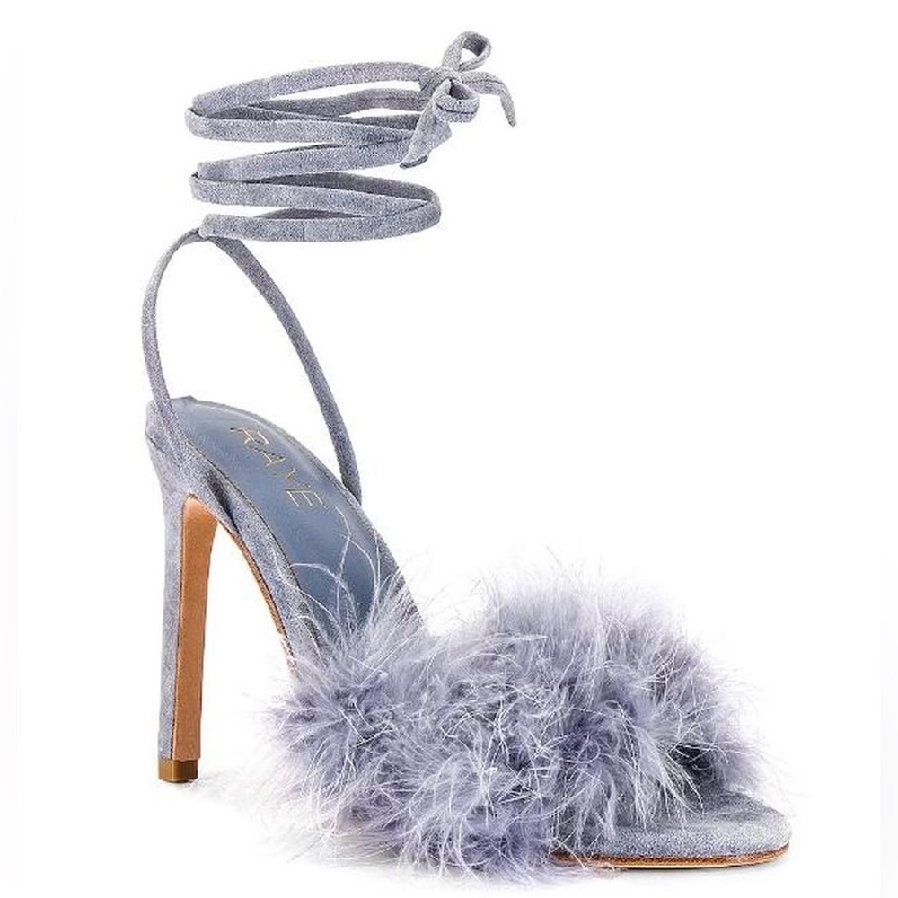 RAYE Fara Feather Lace-Up Heels Periwinkle Suede Size 8.5